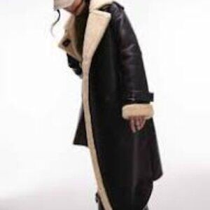 The Topshop Oversize High Pile Fleece Lined Faux Leather Aviator Coat in Black